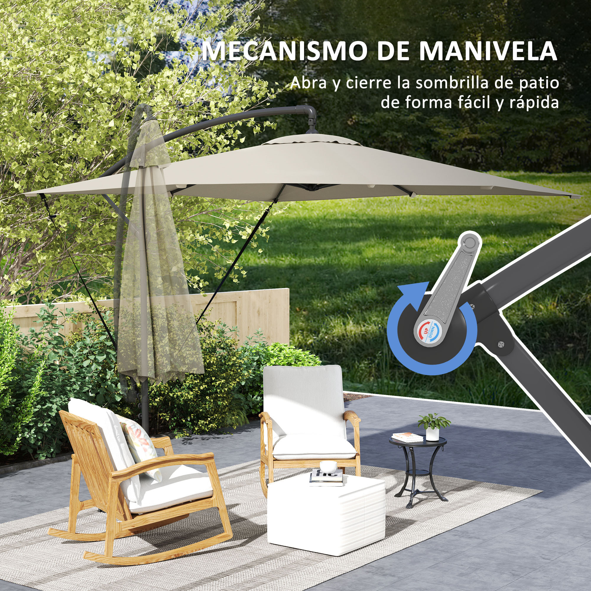 Parasol Excéntrico 247x247 cm Sombrilla de Jardín con Base Cruzada Cubierta Ajustable Manivela Funda Protectora y Cuerda de Viento Anti-UV 50+ Sombrilla para Terraza Patio Caqui