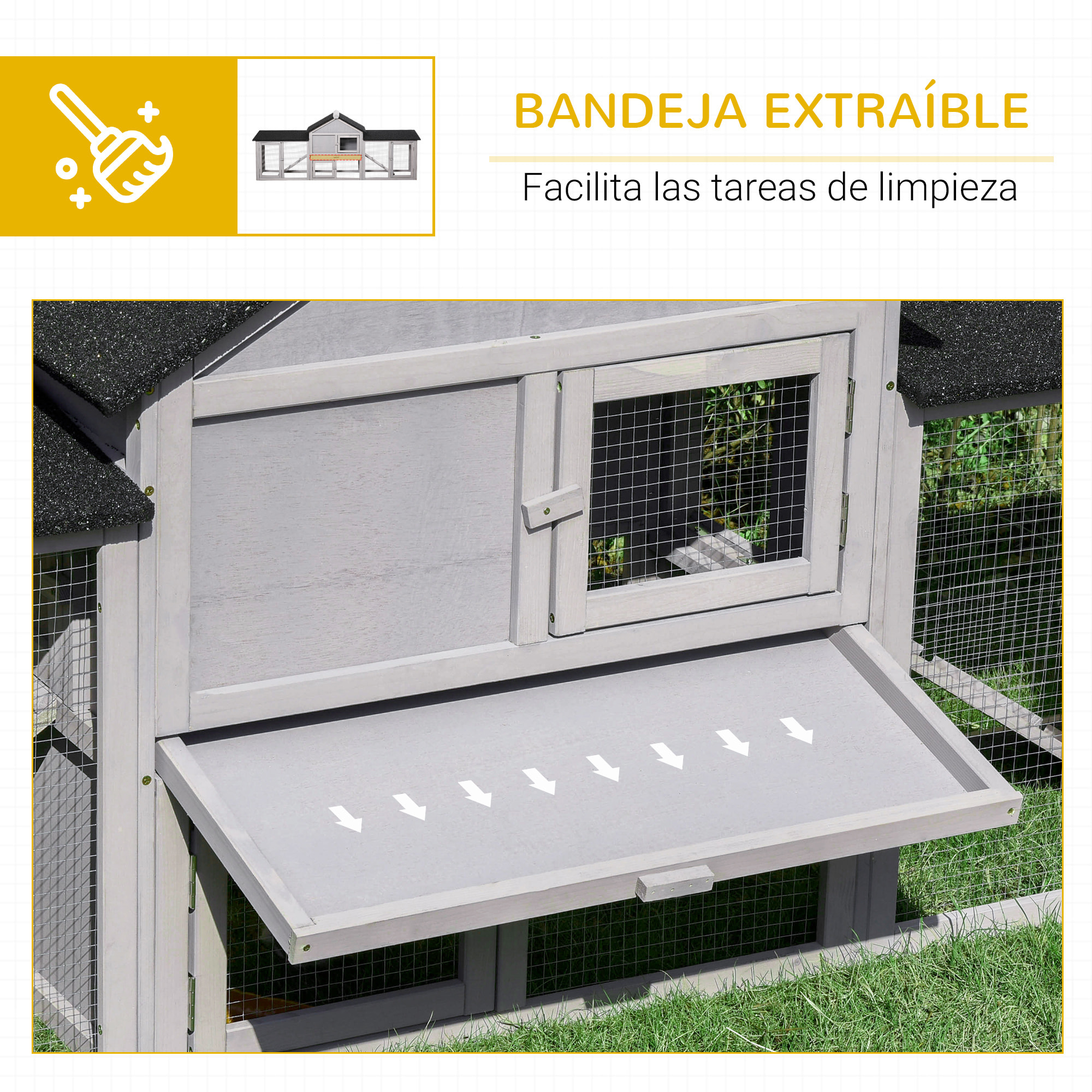 Conejera de Exterior Grande Jaula de Madera para 2-4 Conejos con Techo Asfáltico Recinto de Alambre Bandeja Extraíble y Rampas 210x45,5x84,5 cm Gris y Negro