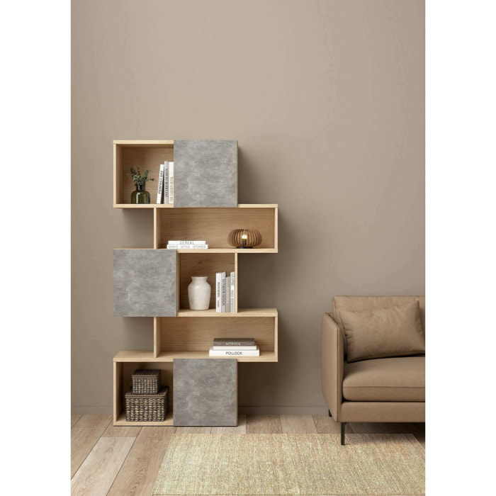 Libreria Acetosella, Scaffale da ufficio, Mobile portalibri, Biblioteca, 96x32 h166 cm, Rovere e Cemento