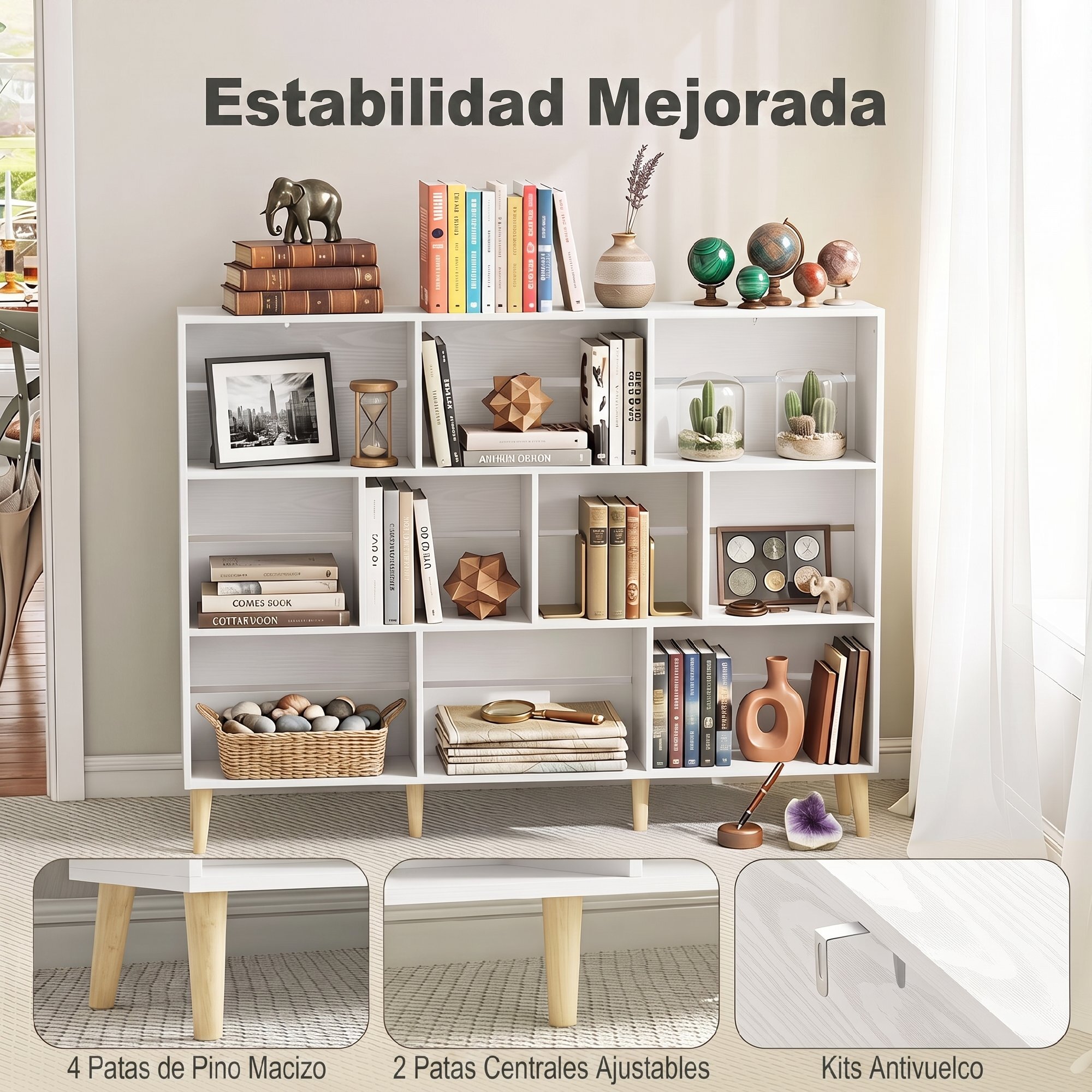 Estantería de 10 Cubos, Librería de 3 Niveles con Patas de Madera Maciza, para Dormitorio, Salón, Estudio u Oficina, 140x24x107 cm, Blanco