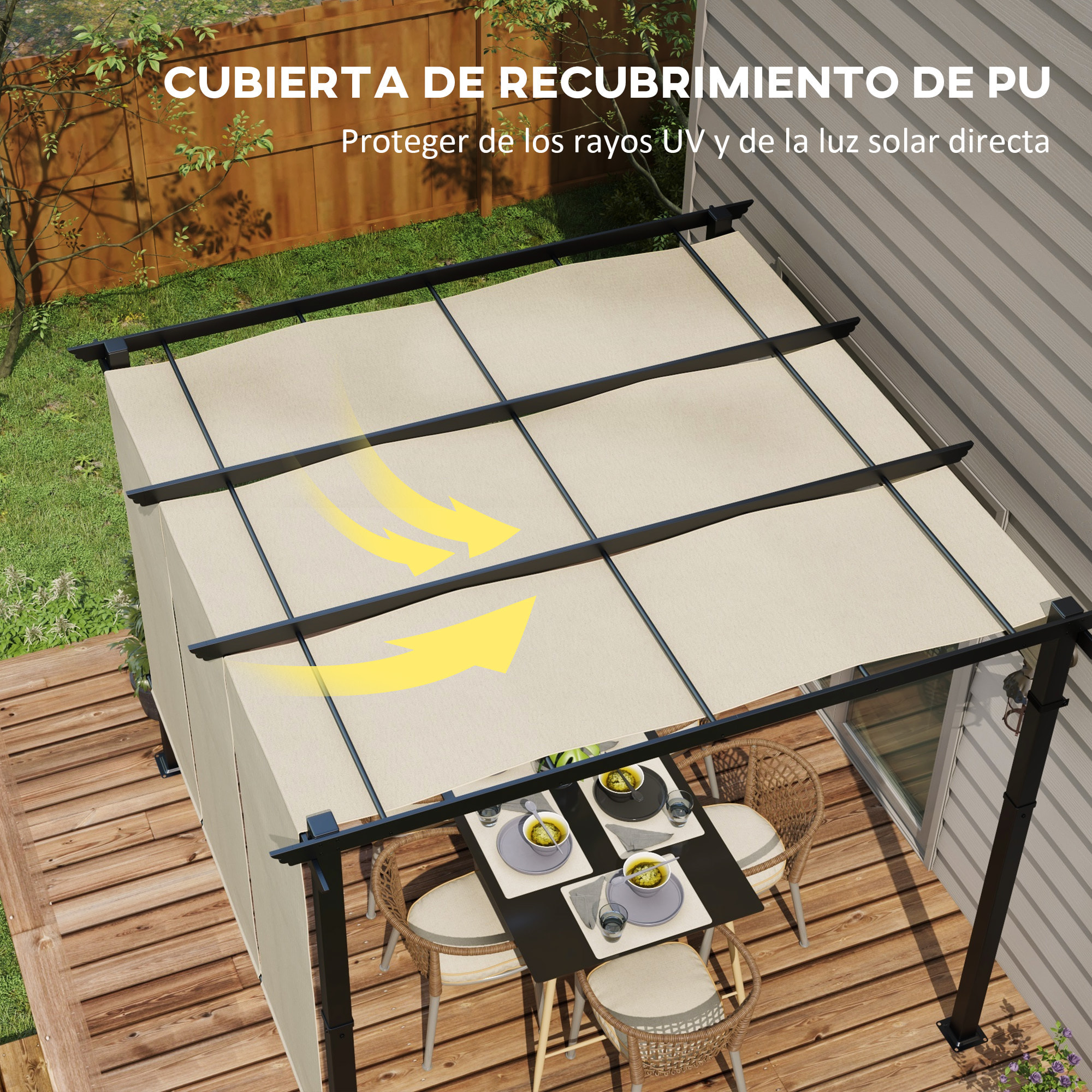 Pérgola de Jardín 3x3 m Cenador para Exterior con Techo Retráctil Marco de Acero Impermeable y Anti-UV para Terraza Patio Beige