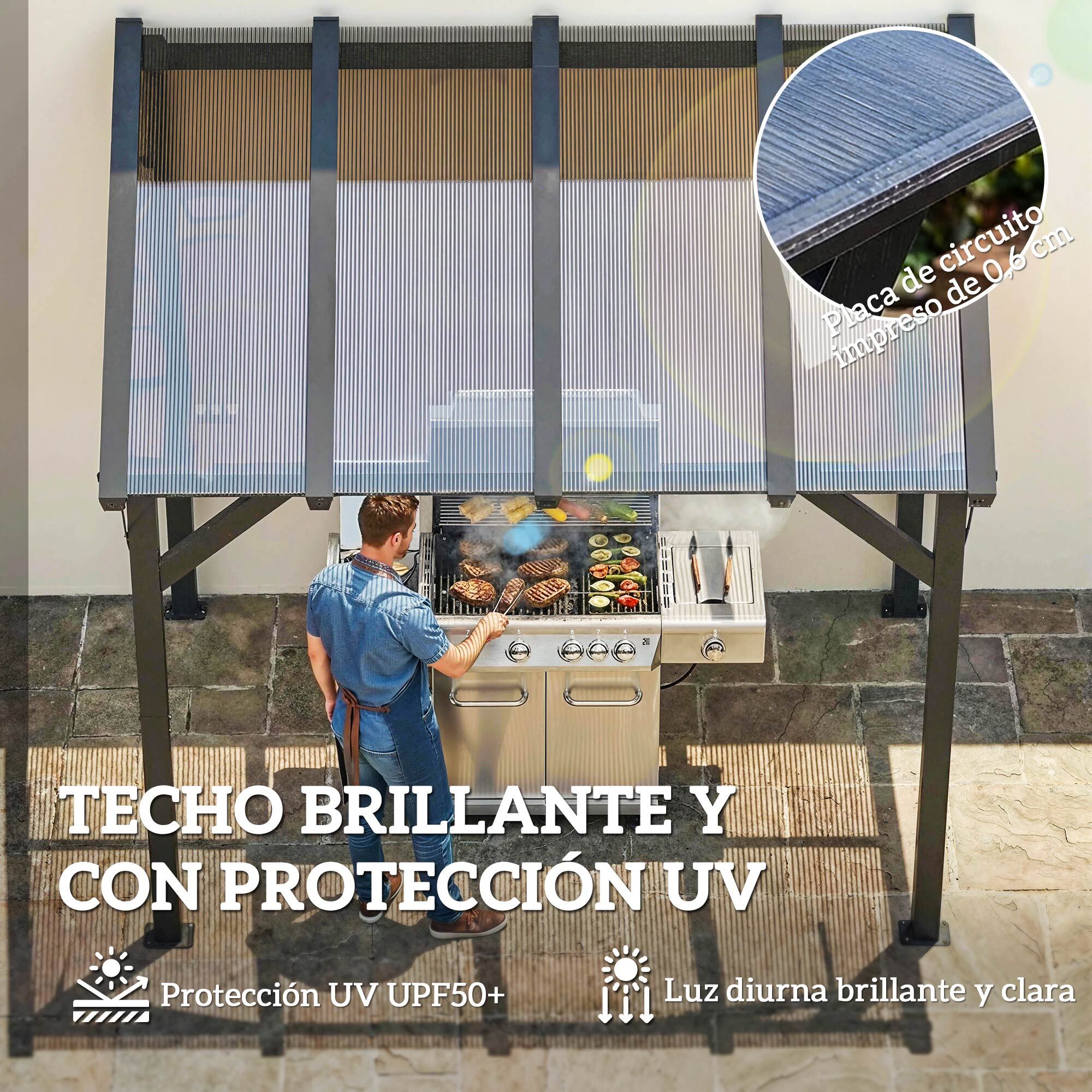 Carpa Barbacoa 2,5x1,5 m, Gazebo para Barbacoa con Techo Inclinable de Policarbonato, UPF50+, Estructura de Metal Galvanizado y Aluminio, Diseño Adosado para Jardín Exterior, BBQ, Gris Oscuro