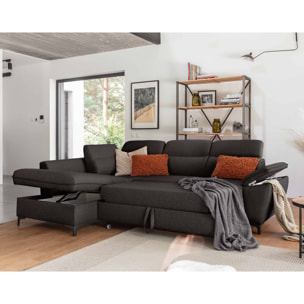 Clever - canapé d'angle gauche - 5 places - convertible avec coffre et têtières - en tissu - Gris foncé