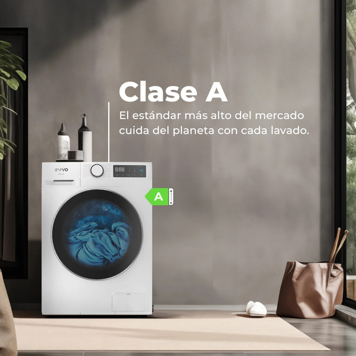 EVVO Lavadora Nature 12 12 kg, 1350 rpm, Clase A, motor inverter, tambor ePROTECT, vapor Steam Wash, 15 programas, 15’ rápido, blanco