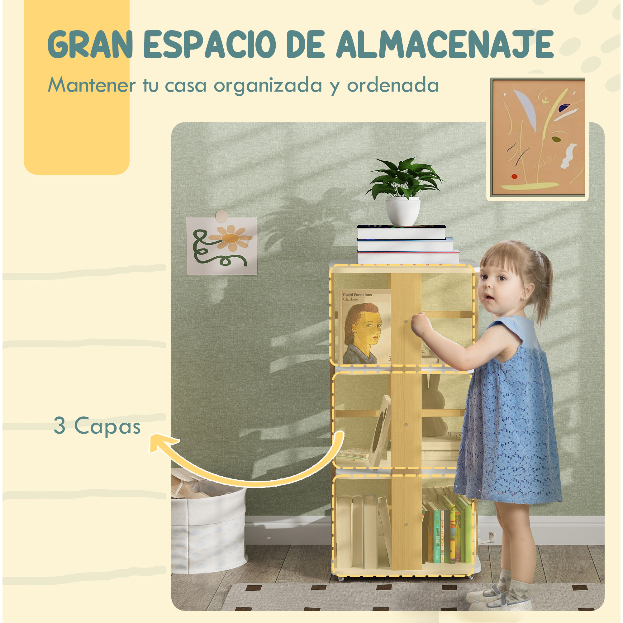 Librería Infantil Estantería para Libros Infantil con Ruedas Estantería Infantil con 3 Estantes para Guarderías Habitación Infantil Blanco y Natural