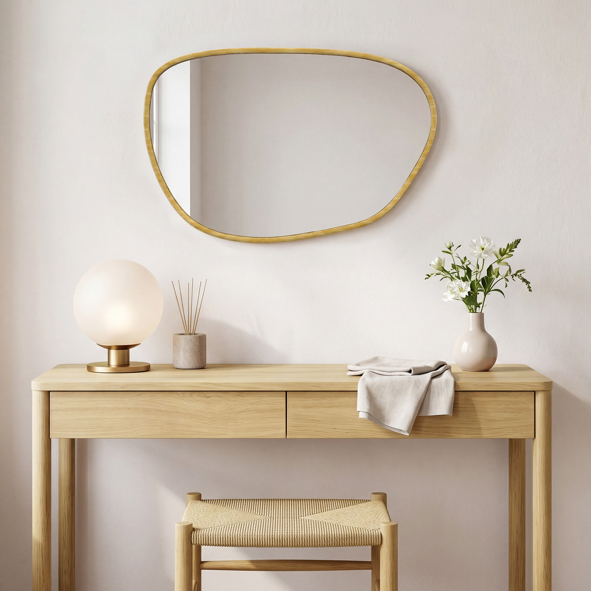 Miroir mural design organique - 90 x 60 cm - effet bois clair naturel