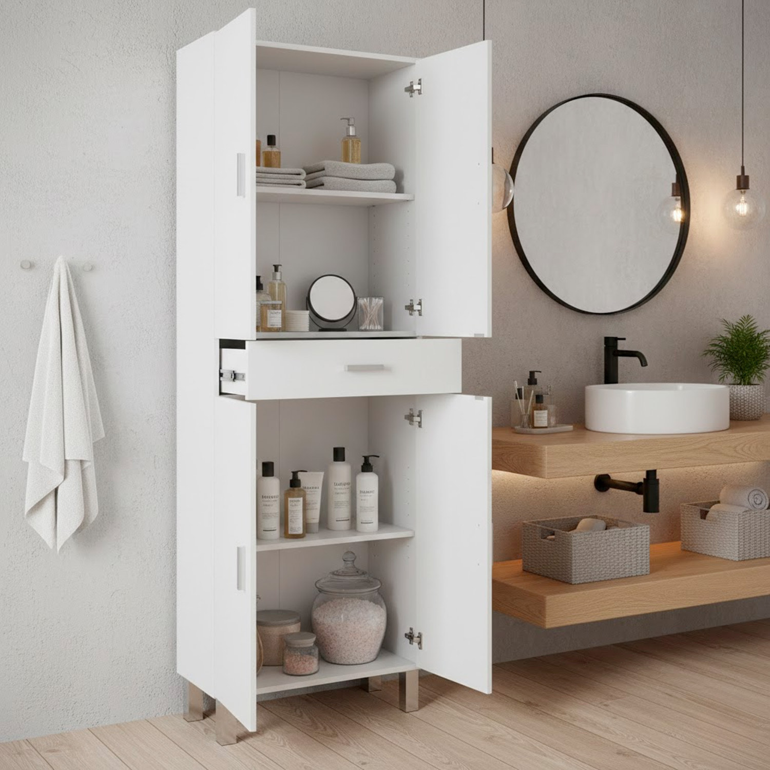 Colonna Bagno Con 4 Ante 4 Ripiani E Cassetto Mobile Alto Moderno Salvaspazio Con Mensole Regolabili Bagno Lavanderia 182 x 60 x 29 Cm Colore Bianco