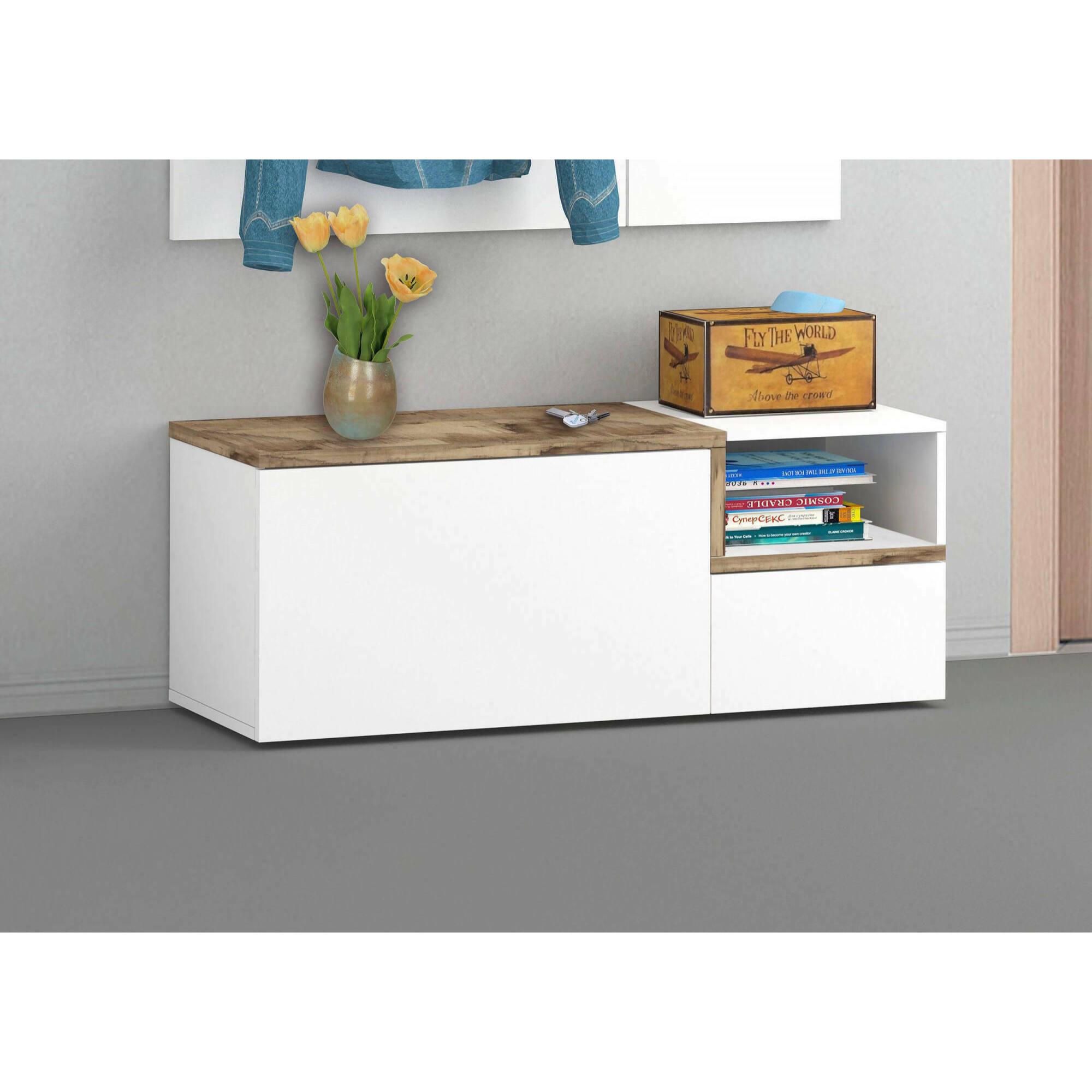 Mobile da ingresso, Made in Italy, Modulo componibile, Panca a 2 ante, cm 120x40h54, colore Bianco lucido e Acero