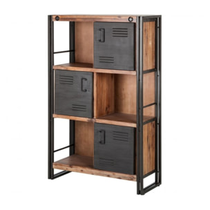 Bibliothèque en bois 3 niches/3 casiers avec portes en métal - ATELIER
