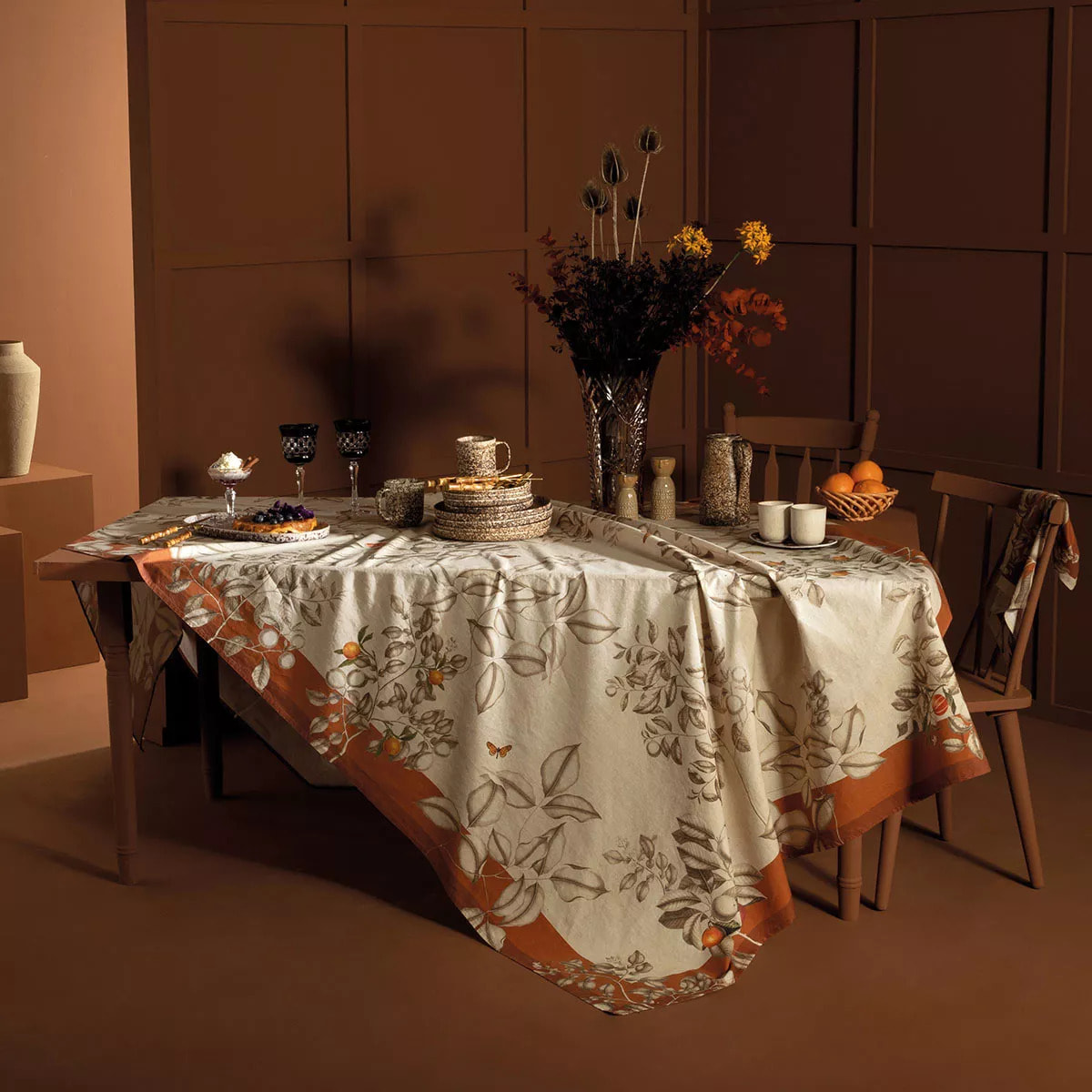 Chemin de table métis lin & coton lavé 190 g/m² imprimé beige orange Mandarines rouille
