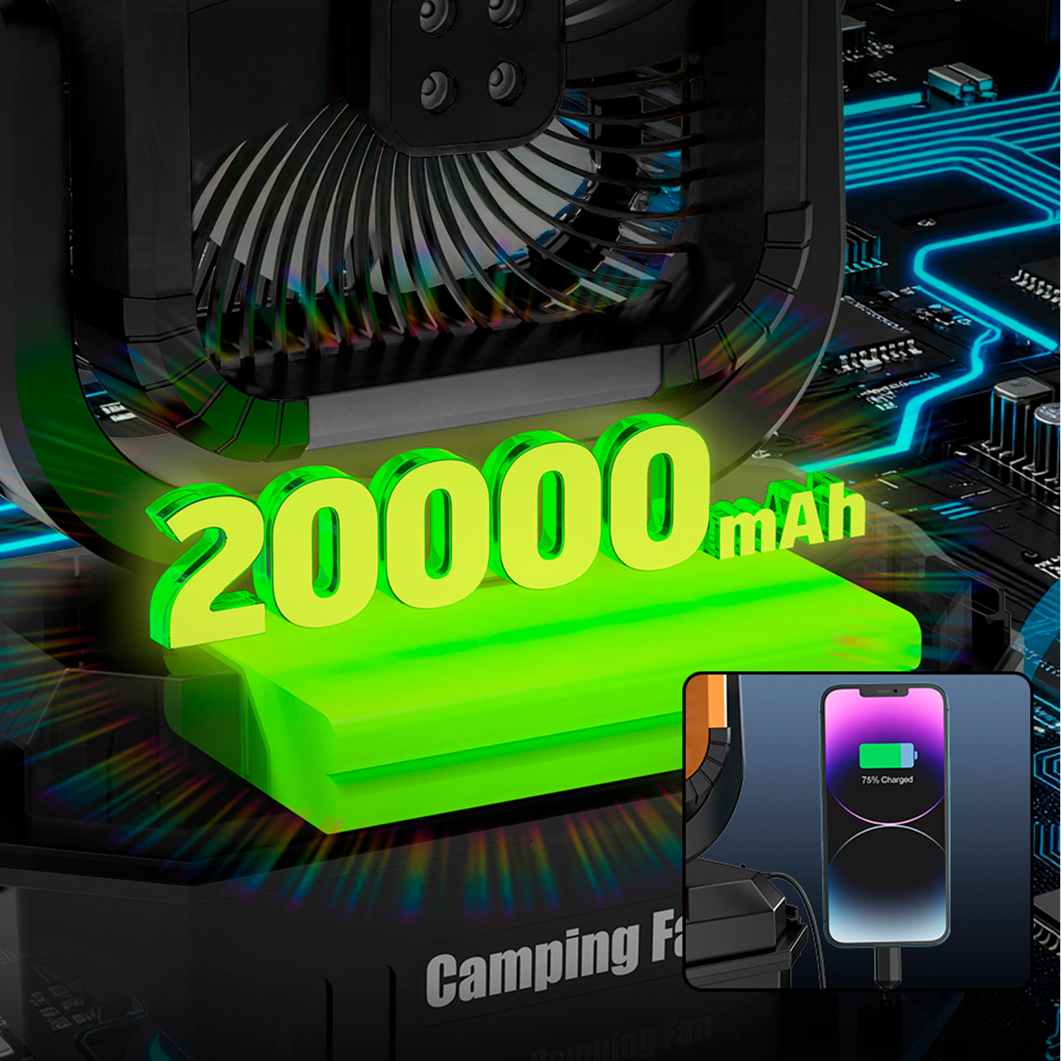 Ventilatore a 4 velocità con serbatoio da 12L, funzione spray, illuminazione doppia, oscillazione e telecomando. Include power bank da 20000 mAh, 16 W e vento max. 4,5 m/s.