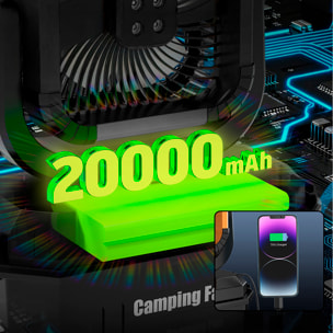 Ventilatore a 4 velocità con serbatoio da 12L, funzione spray, illuminazione doppia, oscillazione e telecomando. Include power bank da 20000 mAh, 16 W e vento max. 4,5 m/s.