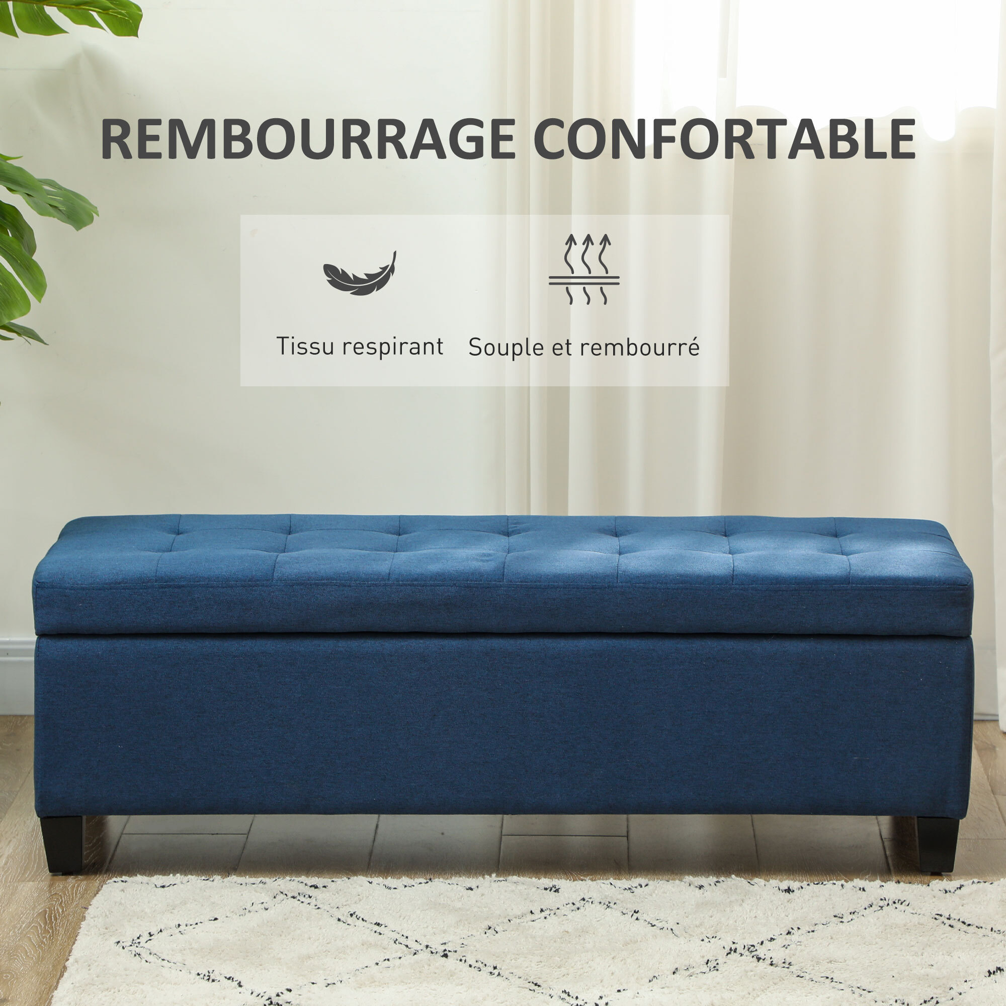 Banquette coffre style Chersterfield siège capitonné tissu pieds bois dim. 125 x 49 x 41 cm bleu
