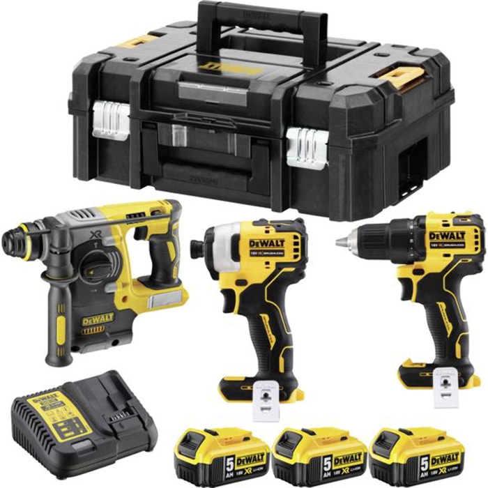 Kit 3 Outils XR 18V 5Ah Li-Ion brushless - spécial perçage - DEWALT - avec 3 batteries 18V 5.0Ah, chargeur - coffret - DCK377P3T