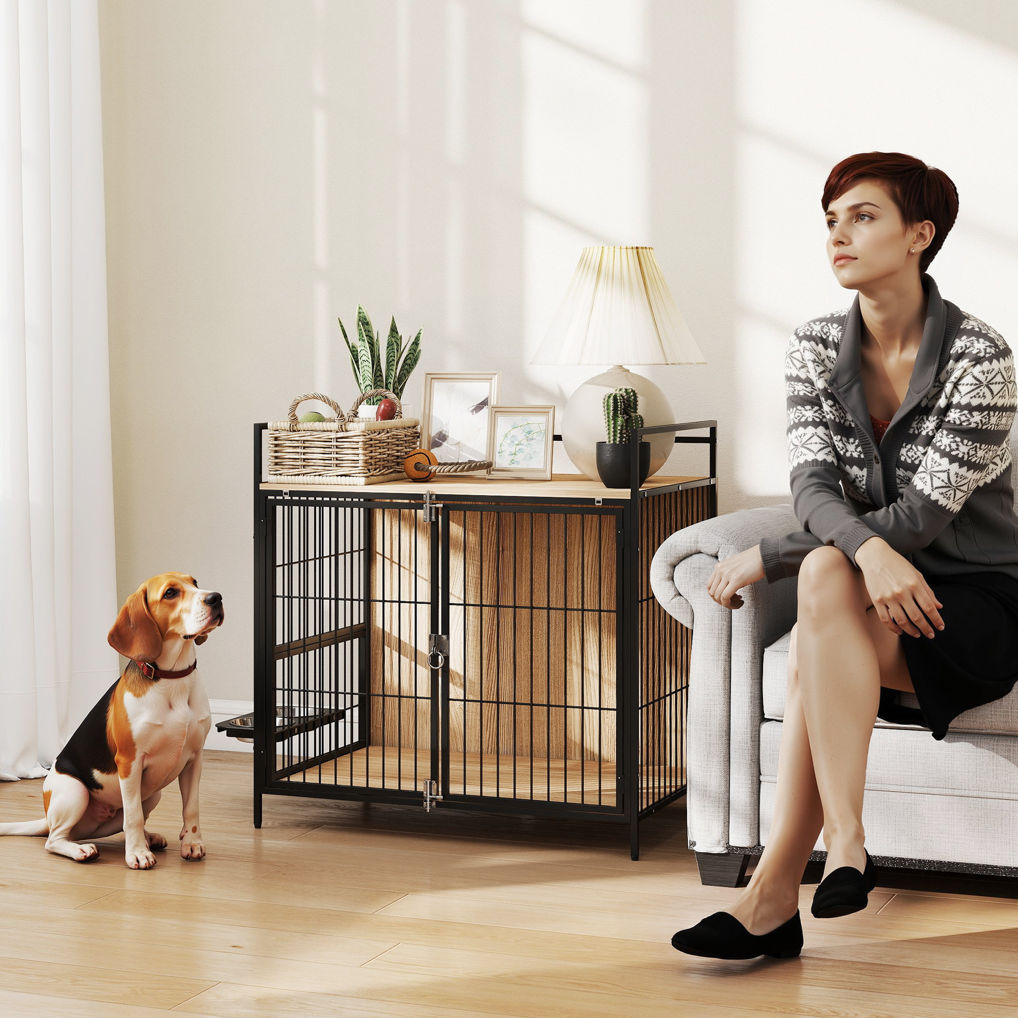 Jaula para Perros Mesa Auxiliar Moderna Casa para Mascotas con Soporte Giratorio con 2 Tazones 2 Puertas y Estante de Almacenamiento Superior para Perros Medianos 80x56x76,5 cm Roble