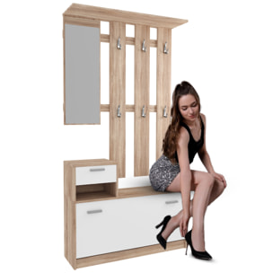 Mobile Belem Mobiletto da Ingresso con Scarpiera Appendiabiti e Specchio Arredo Arredamento Corridoio Entratina 97 x 35 x 25 cm (Bianco e Quercia)