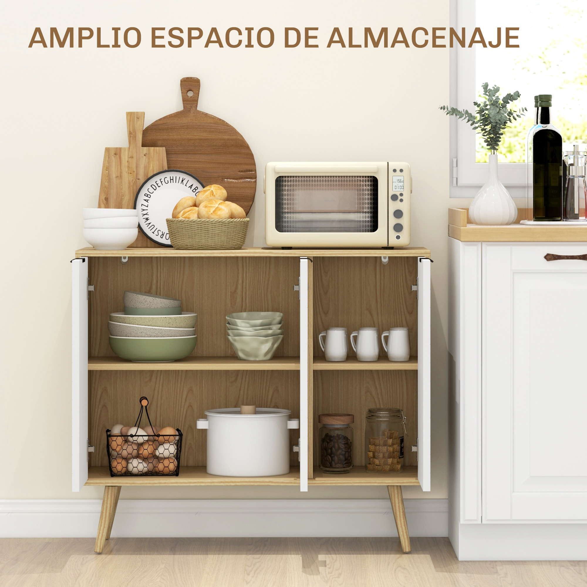 Aparador de Cocina Mueble Auxiliar de Cocina con 3 Puertas con Patrón de Espiga Patas de Madera y Estantes Ajustables Mueble Buffet para Comedor Salón 91,5x35x77,4 cm Blanco y Natural