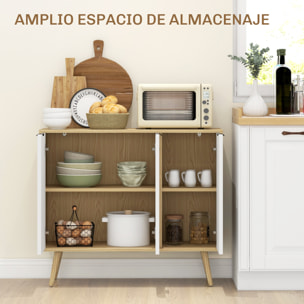 Aparador de Cocina Mueble Auxiliar de Cocina con 3 Puertas con Patrón de Espiga Patas de Madera y Estantes Ajustables Mueble Buffet para Comedor Salón 91,5x35x77,4 cm Blanco y Natural
