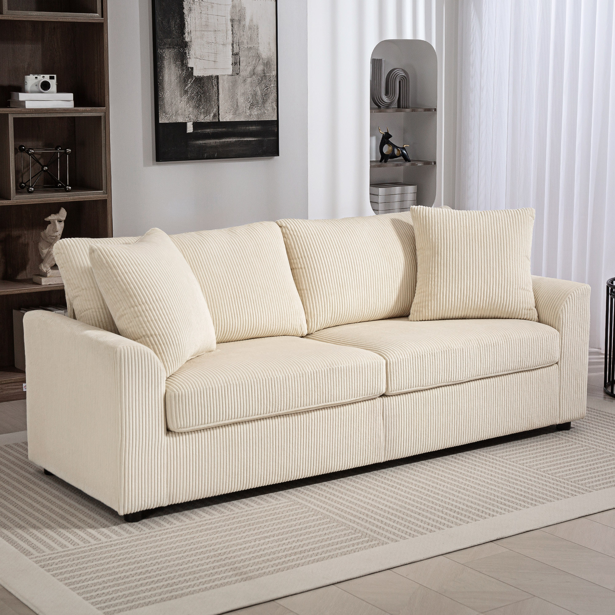 Canapé 3 places velours côtelé avec 2 coussins - canapé droit fixe 3 places beige clair