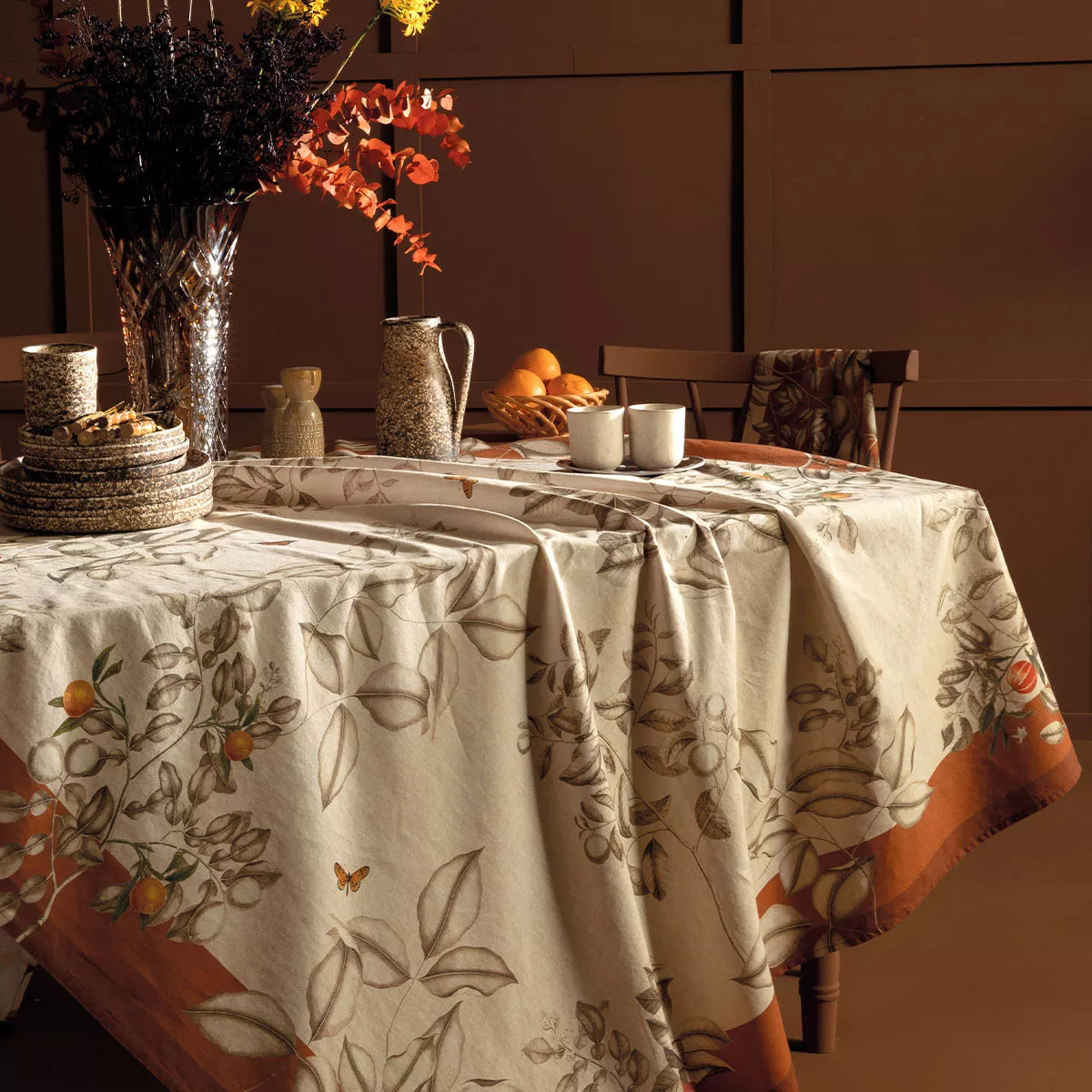 Chemin de table métis lin & coton lavé 190 g/m² imprimé beige orange Mandarines rouille