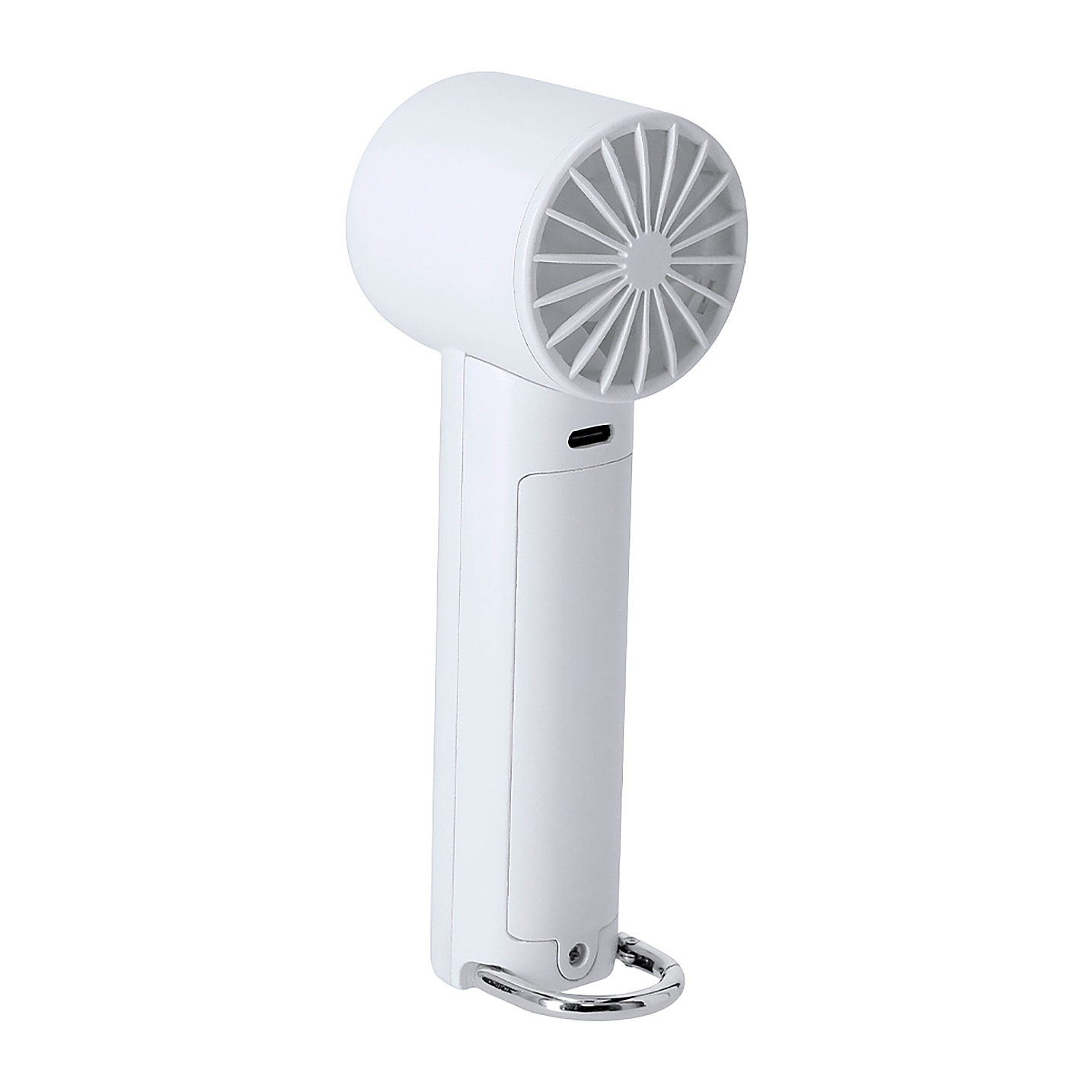 Ventilador portátil con 3 velocidades, batería recargable y reemplazable de 1200 mAh. Incluye mosquetón de aluminio con función de soporte y diseño compacto para uso diario.