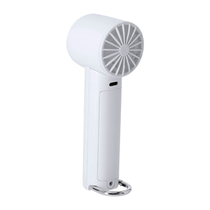 Ventilador portátil con 3 velocidades, batería recargable y reemplazable de 1200 mAh. Incluye mosquetón de aluminio con función de soporte y diseño compacto para uso diario.