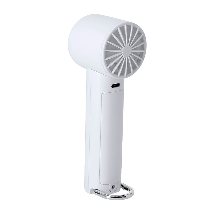 Ventilador portátil con 3 velocidades, batería recargable y reemplazable de 1200 mAh. Incluye mosquetón de aluminio con función de soporte y diseño compacto para uso diario.