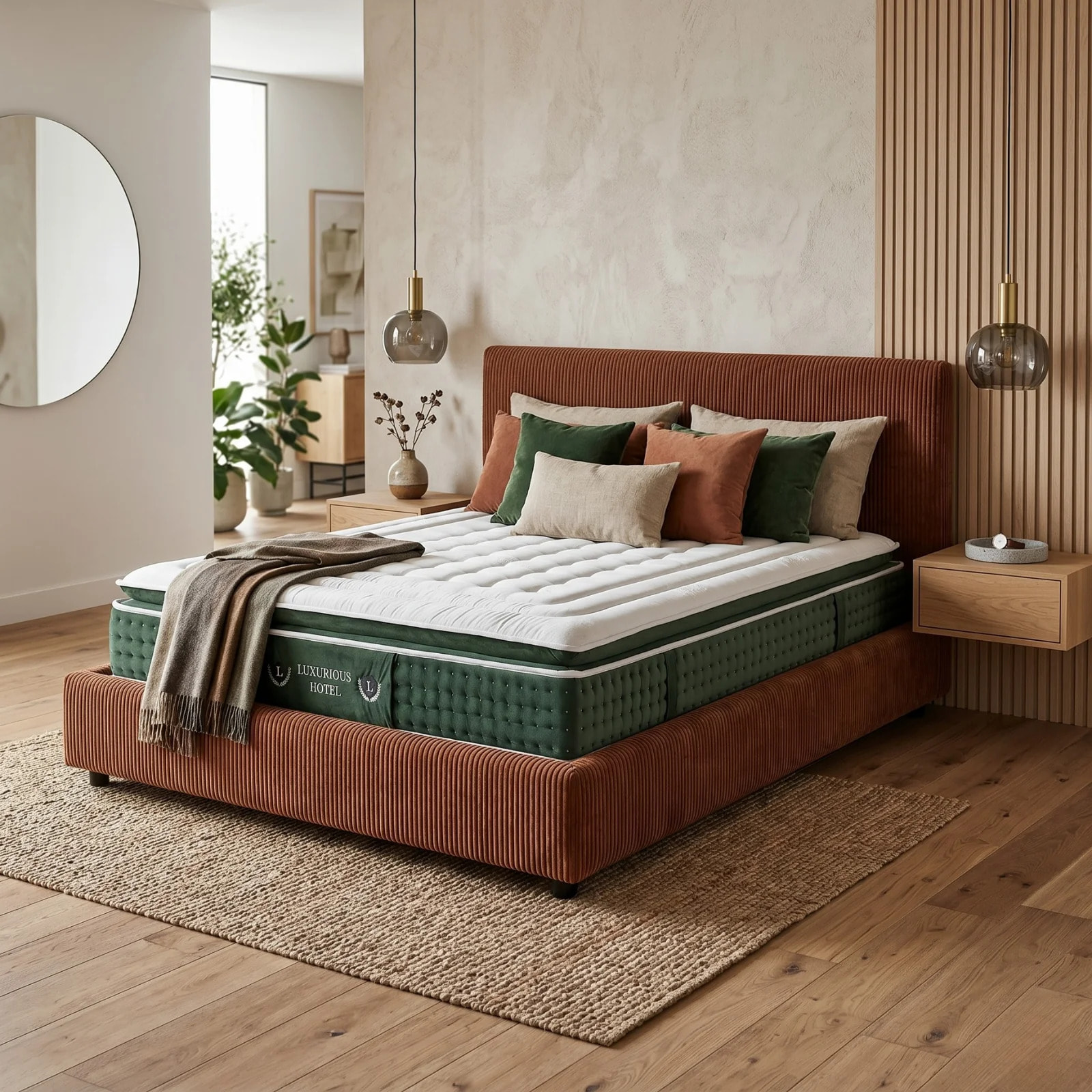 Ensemble matelas Jade & lit coffre Colisée | Mémoire de forme et ressorts ensachés | Grande capacité de stockage | Velours côtelé | Terracotta