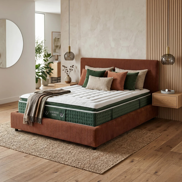 Ensemble matelas Jade & lit coffre Colisée | Mémoire de forme et ressorts ensachés | Grande capacité de stockage | Velours côtelé | Terracotta