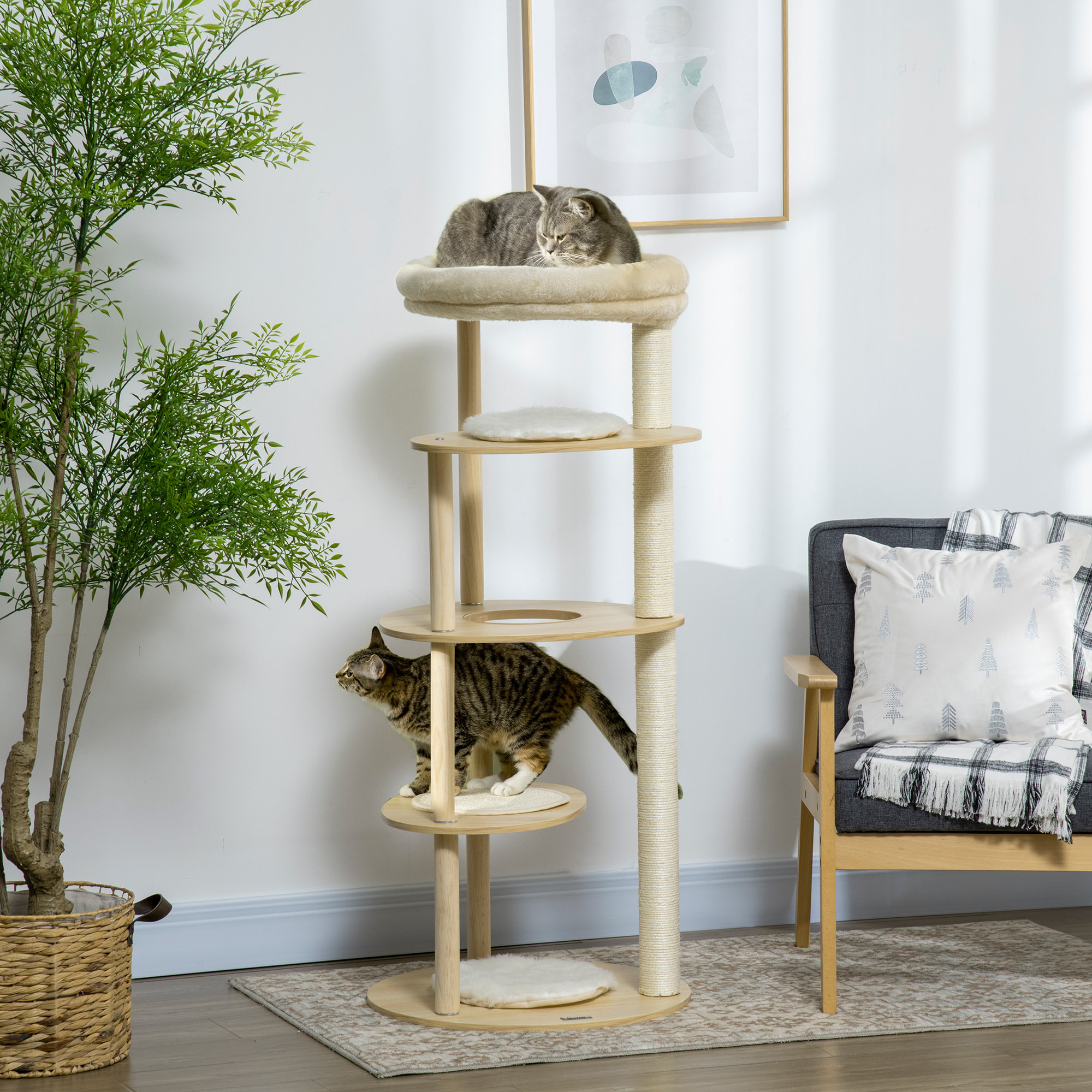 Arbre à chat style nordique griffoir sisal naturel 4 plateformes coussins panier d'observation amovible bois pin panneaux bois clair