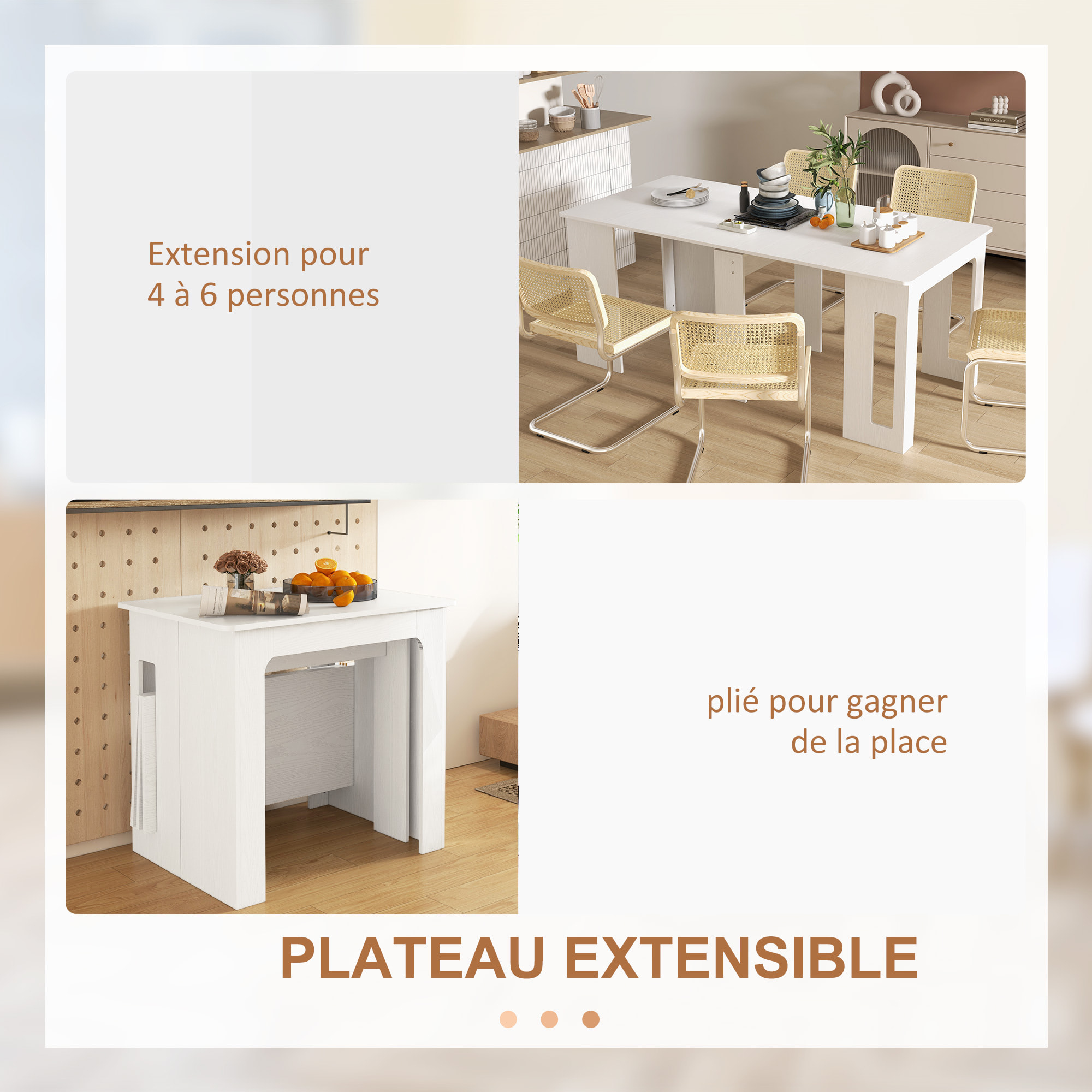 Table console extensible 6 personnes avec rallonges intégrées 85 x 60-180 x 75 cm blanc