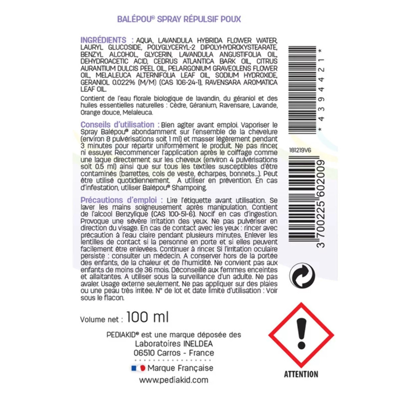 PEDIAKID - Balépou® Spray - Action Répulsive contre les Poux - Huiles Essentielles BIO - Spray de 100ml - Lot de 2 produits