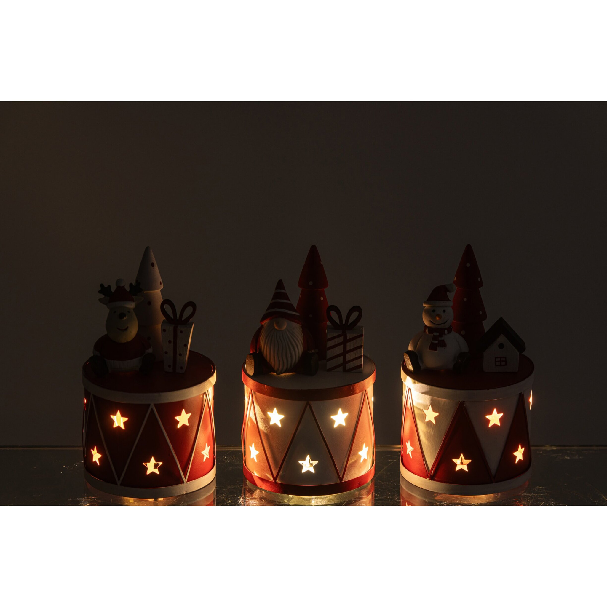 J-Line tambours LED Père Noël, bonhomme de neige et renne - fer - blanc/rouge Noël - assortiment de 3