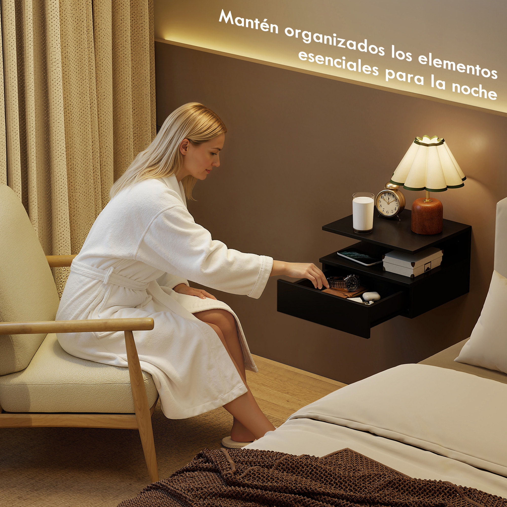 Juego de 2 Mesitas de Noche Flotantes con Cajón, Mesillas de Noche Dormitorio, Montado en la Pared, Estilo Moderno, para Sala de Estar, 35x32x22,5 cm, Negro