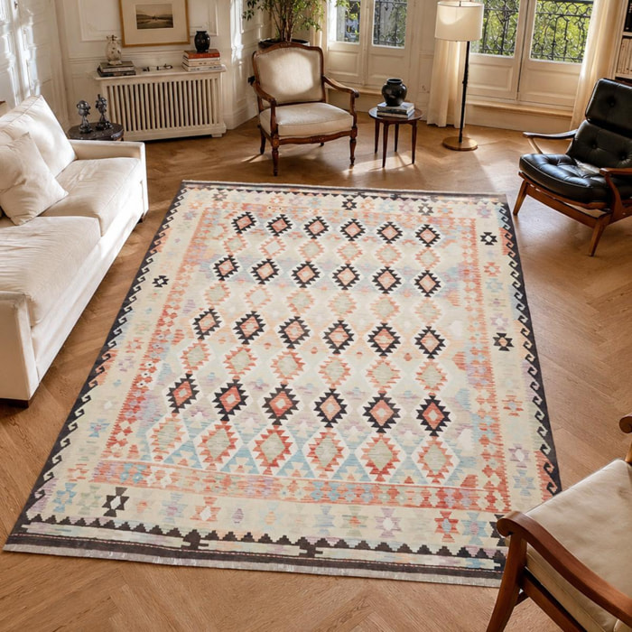Tapis kilim géométrique, tissé à plat, laine naturelle, ZONIDOZ
