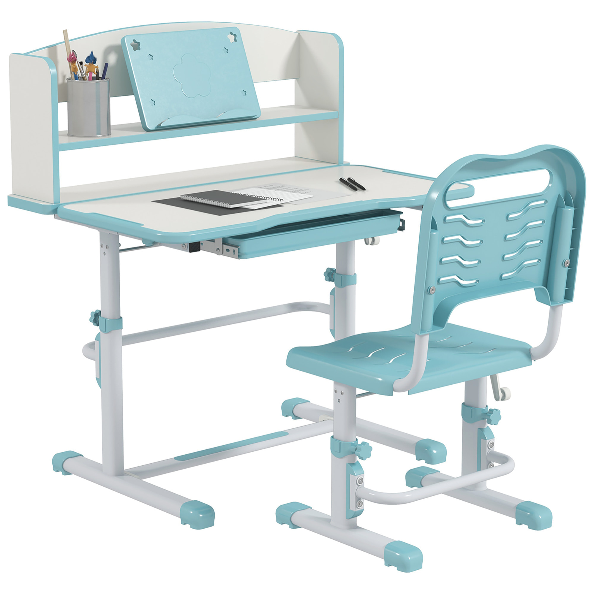 Juego de Escritorio y Silla para Niños de 6-12 Años Pupitre Infantil Altura Ajustable con 1 Cajón 1 Estante para Libros y Ángulo de Mesa Ajustable 80x54,5x82-104 cm Azul y Blanco