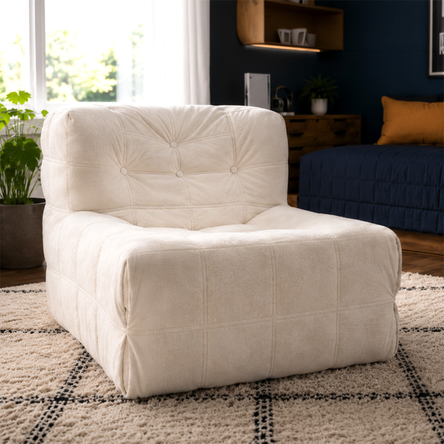 Fauteuil pouf compressé en velours beige ROSTOCK
