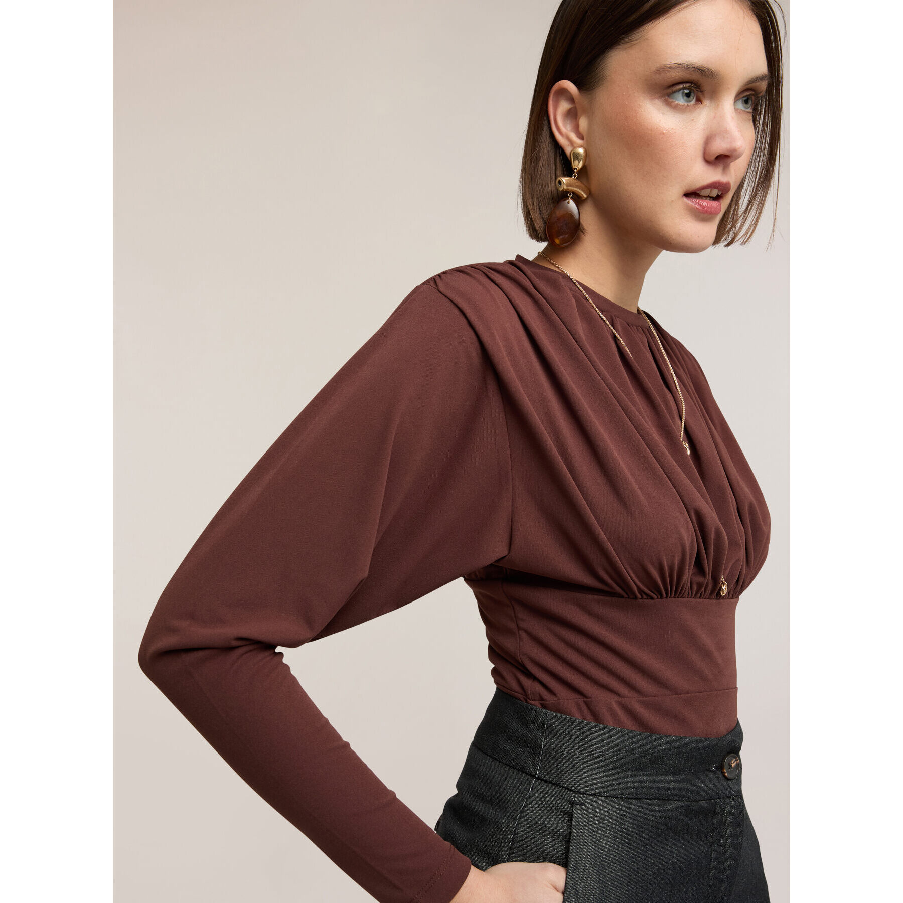 Motivi - Body in jersey con drappeggio - Marrone