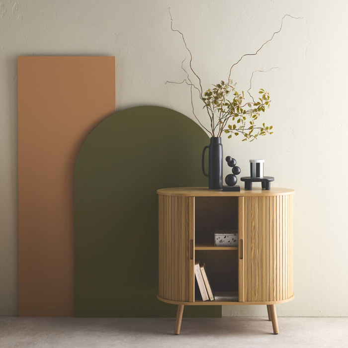 Buffet portes 2 coulissantes avec étagère. effet bois rainuré. buffet bas. L 80 x P 40 x H 80cm