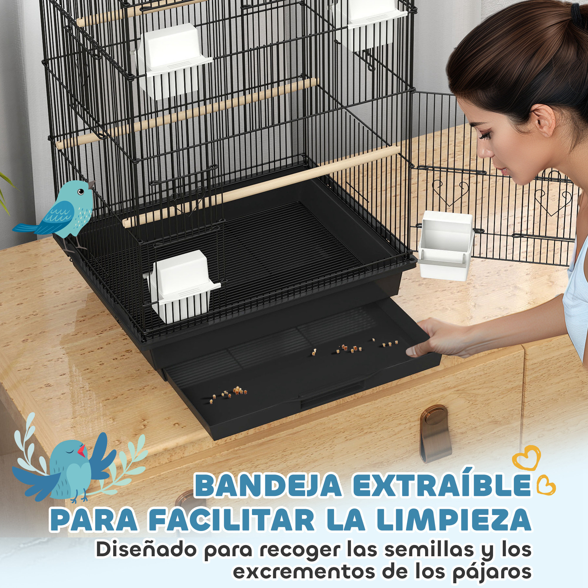 Jaula para Pájaros de Acero Pajarera con Comederos Perchas Columpio y Bandeja Extraíble Jaula Grande para Loros Canario Periquito 50,5x41x104 cm Negro