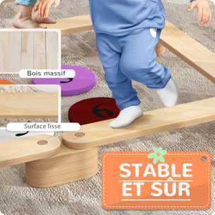 Poutre d'équilibre enfant en bois - pierres d'obstacle colorées - intérieur extérieur