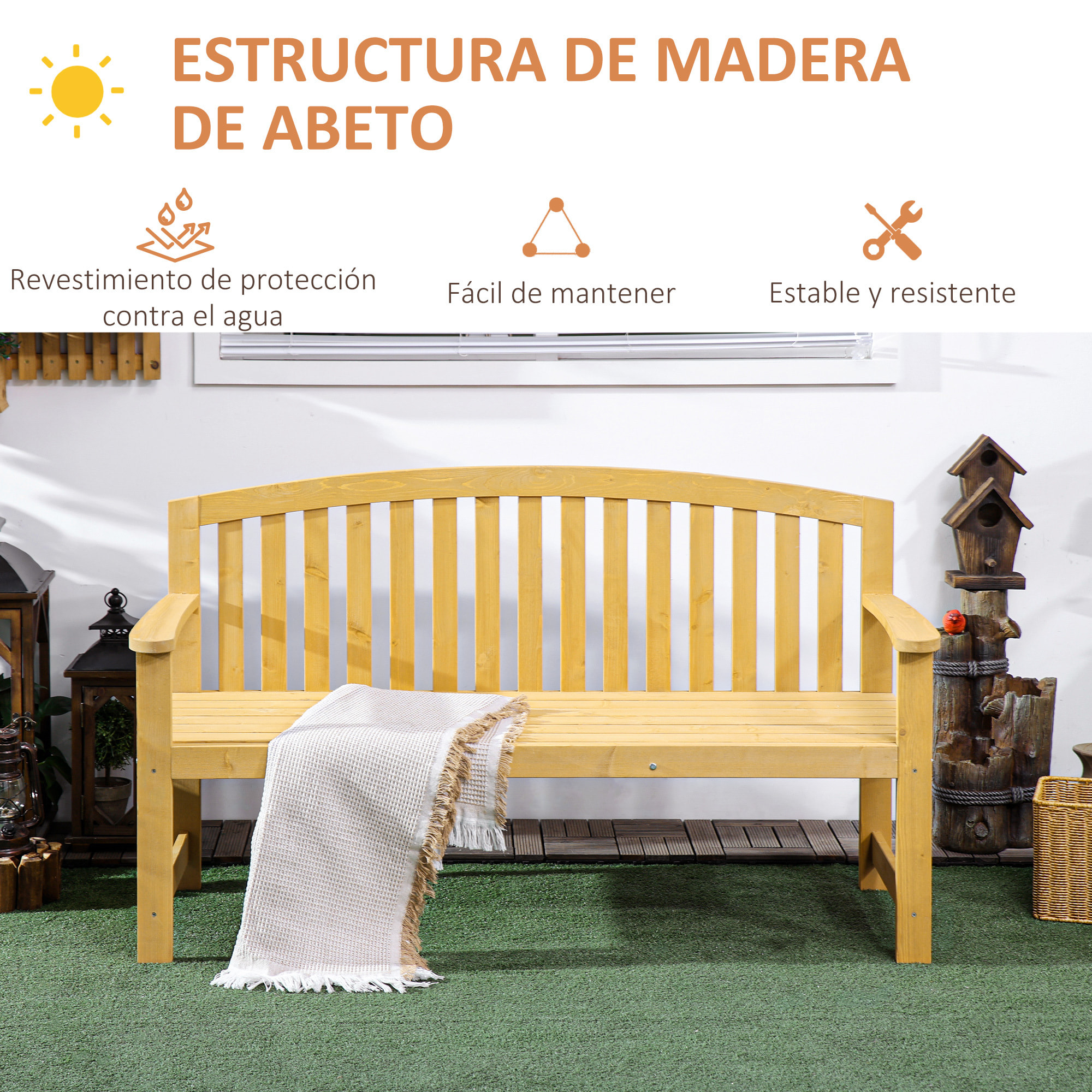Banco de Jardín de 2 Plazas Banco Exterior de Listones de Madera con Respaldo y Reposabrazos para Terraza Balcón Patio Carga 240 kg 143x51x85 cm Natural