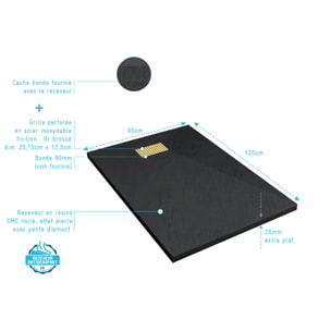 Receveur de douche Noir Effet Pierre 80x120 cm et Grille décor Perforée Or Doré Brossé