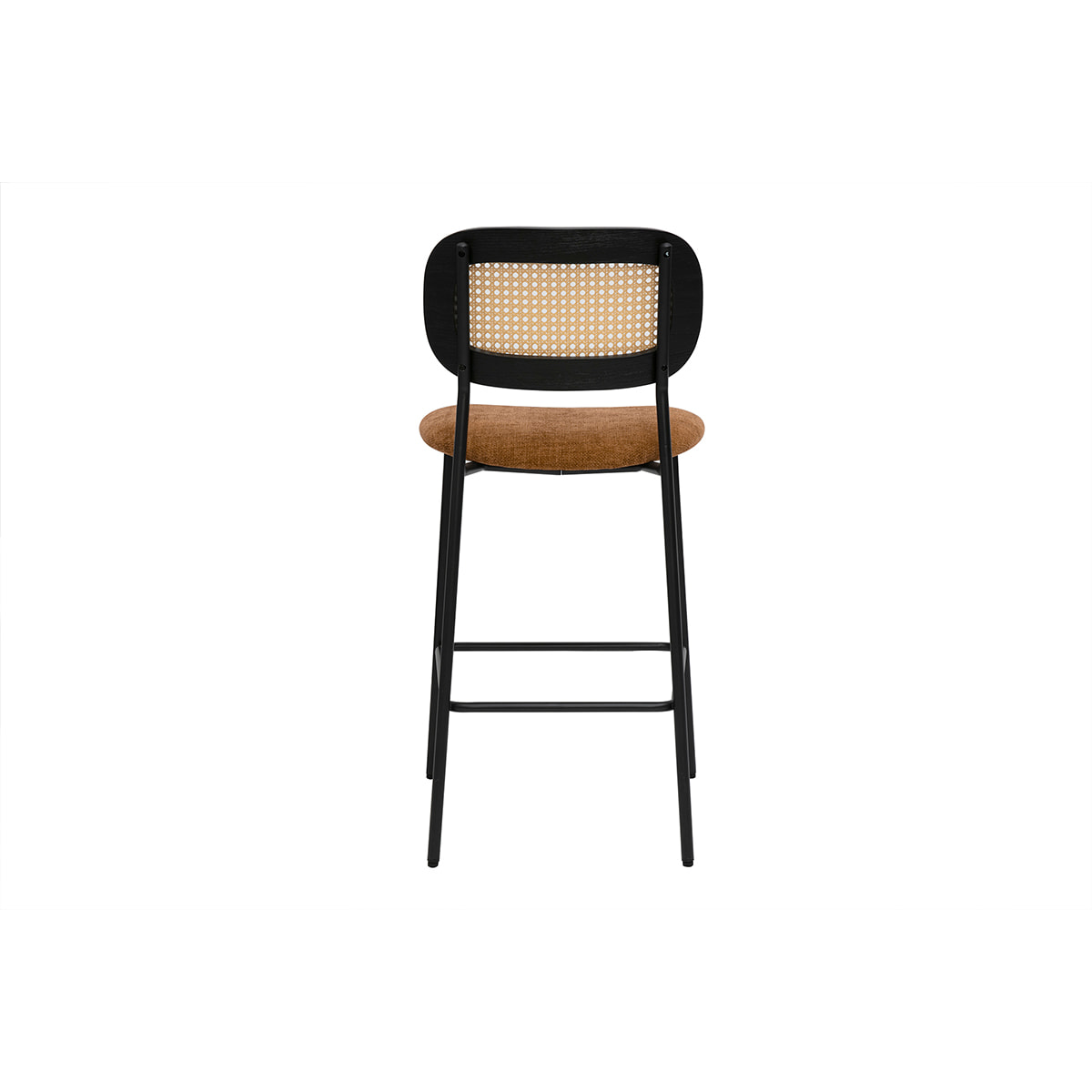 Tabourets design en tissu effet velours texturé terre brulée, métal noir et cannage rotin (lot de 2) MIRANDA