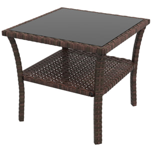 Table basse de jardin avec étagère et plateau verre trempé dim. 50 x 50 x 45 cm résine tressée chocolat