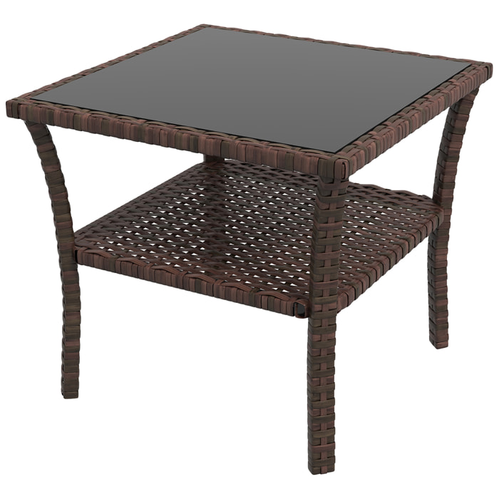 Table basse de jardin avec étagère et plateau verre trempé dim. 50 x 50 x 45 cm résine tressée chocolat
