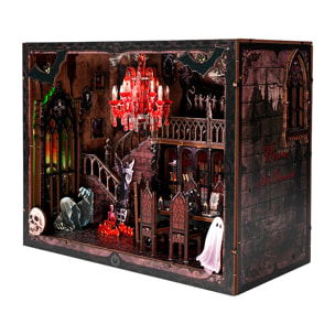 Familia oscura. Book Nook de madera con 155 piezas, diseño 3D realista con gran detalle, luces led y cubierta anti polvo.