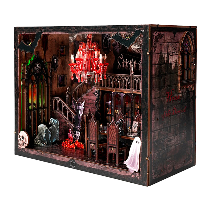 Familia oscura. Book Nook de madera con 155 piezas, diseño 3D realista con gran detalle, luces led y cubierta anti polvo.