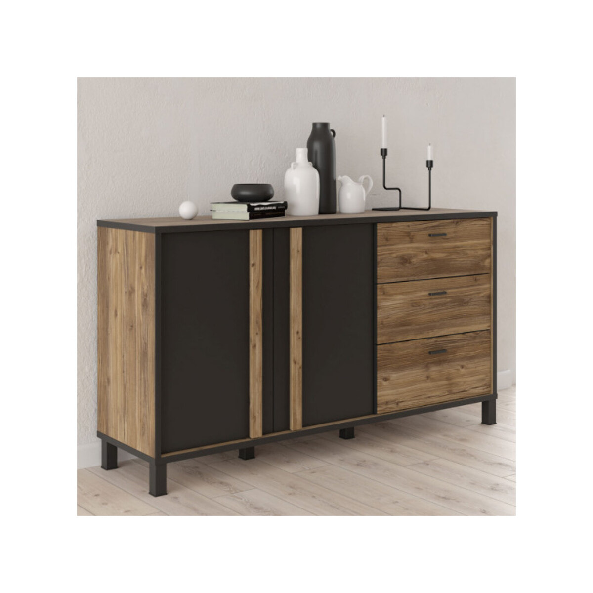 Buffet 154 cm bois effet chêne et noir - YAL