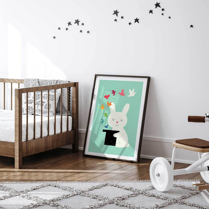 Affiche enfant lapin magicien  Affiche + cadre en bois - Noir
